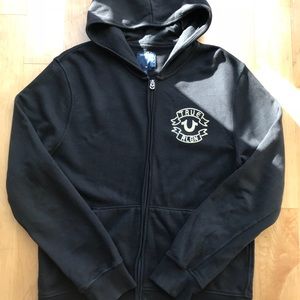 Black skull True Religion zip up hoodie sz. L
